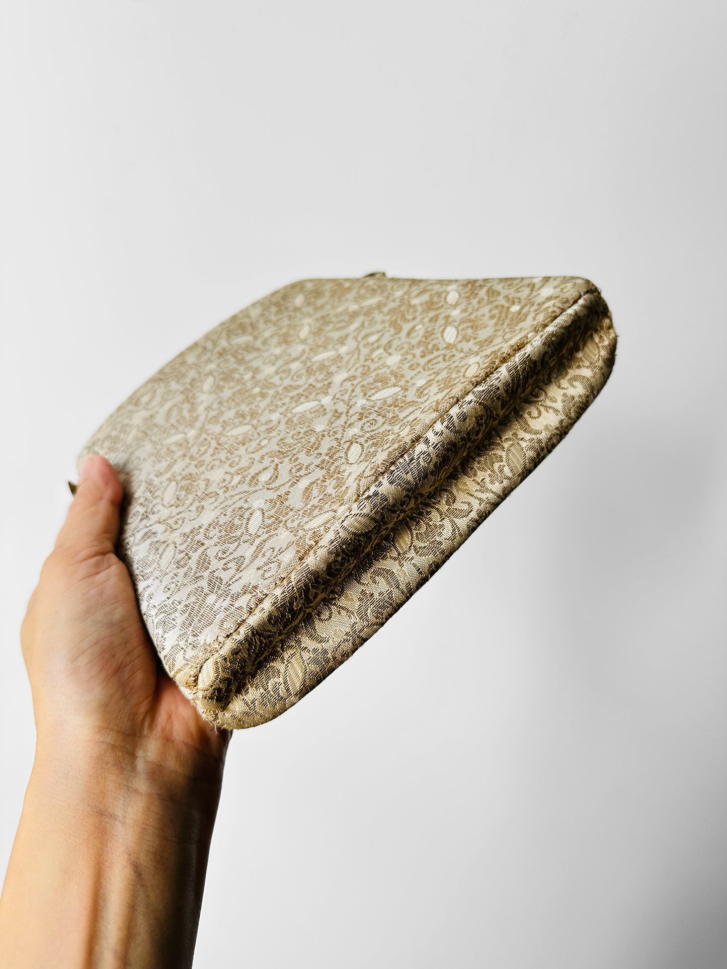 1950s - 1960s L. Magnin & Co. Floral Brocade Floral Blush Interior Evening Bag with Mirror and Coin Purse