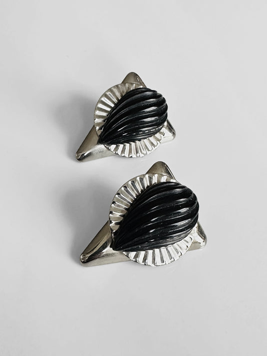 1970s Ribbed Black Resin and Fluted Metal Post Earrings