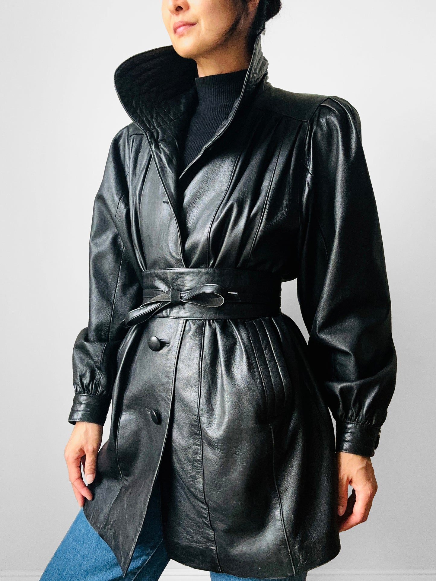 1980s Black Buttery Soft Exaggerated Collared Italian Leather Jacket - Sz. S/M