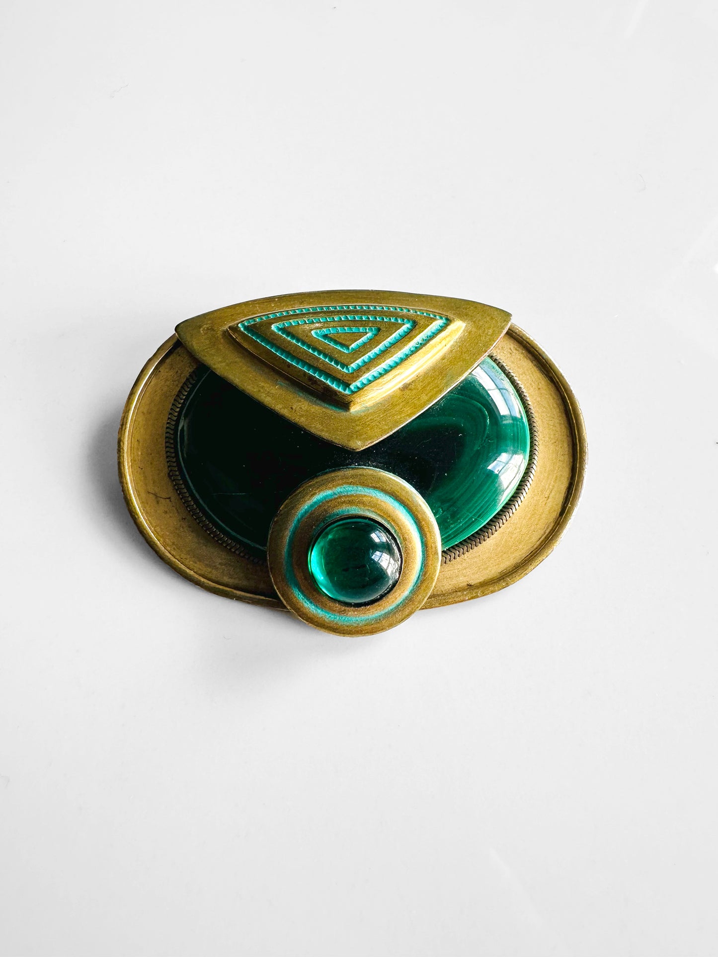 Antique Art Deco 1920s - 1930s Malachite Brooch with Geometric Design and Turquoise Enamel