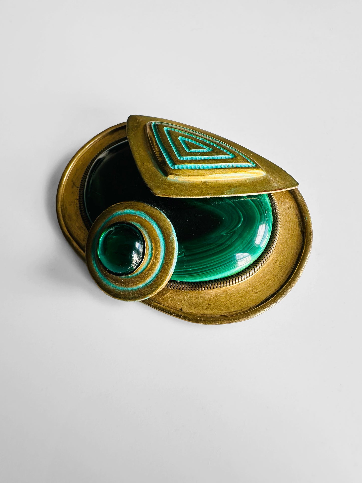 Antique Art Deco 1920s - 1930s Malachite Brooch with Geometric Design and Turquoise Enamel
