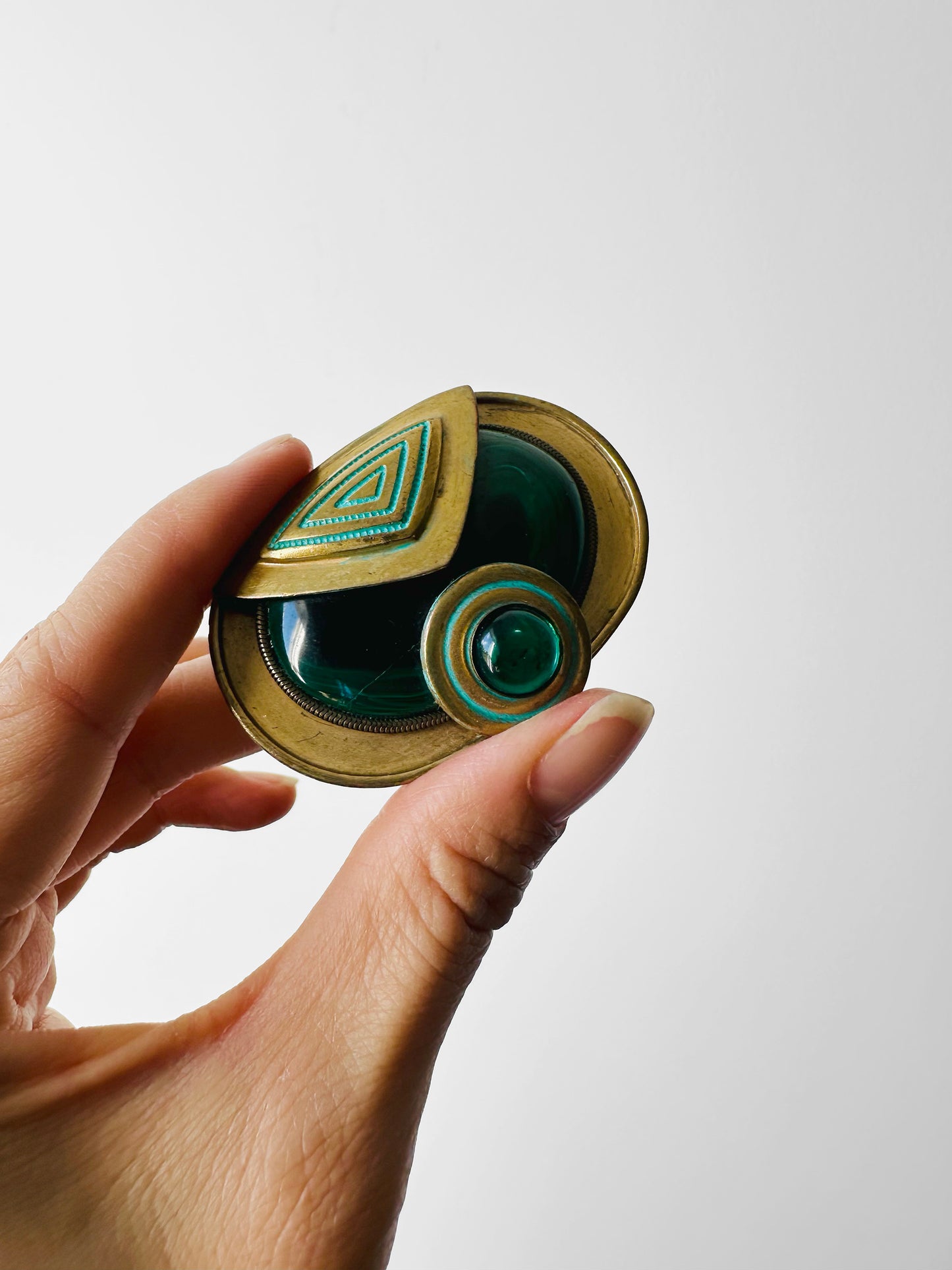 Antique Art Deco 1920s - 1930s Malachite Brooch with Geometric Design and Turquoise Enamel