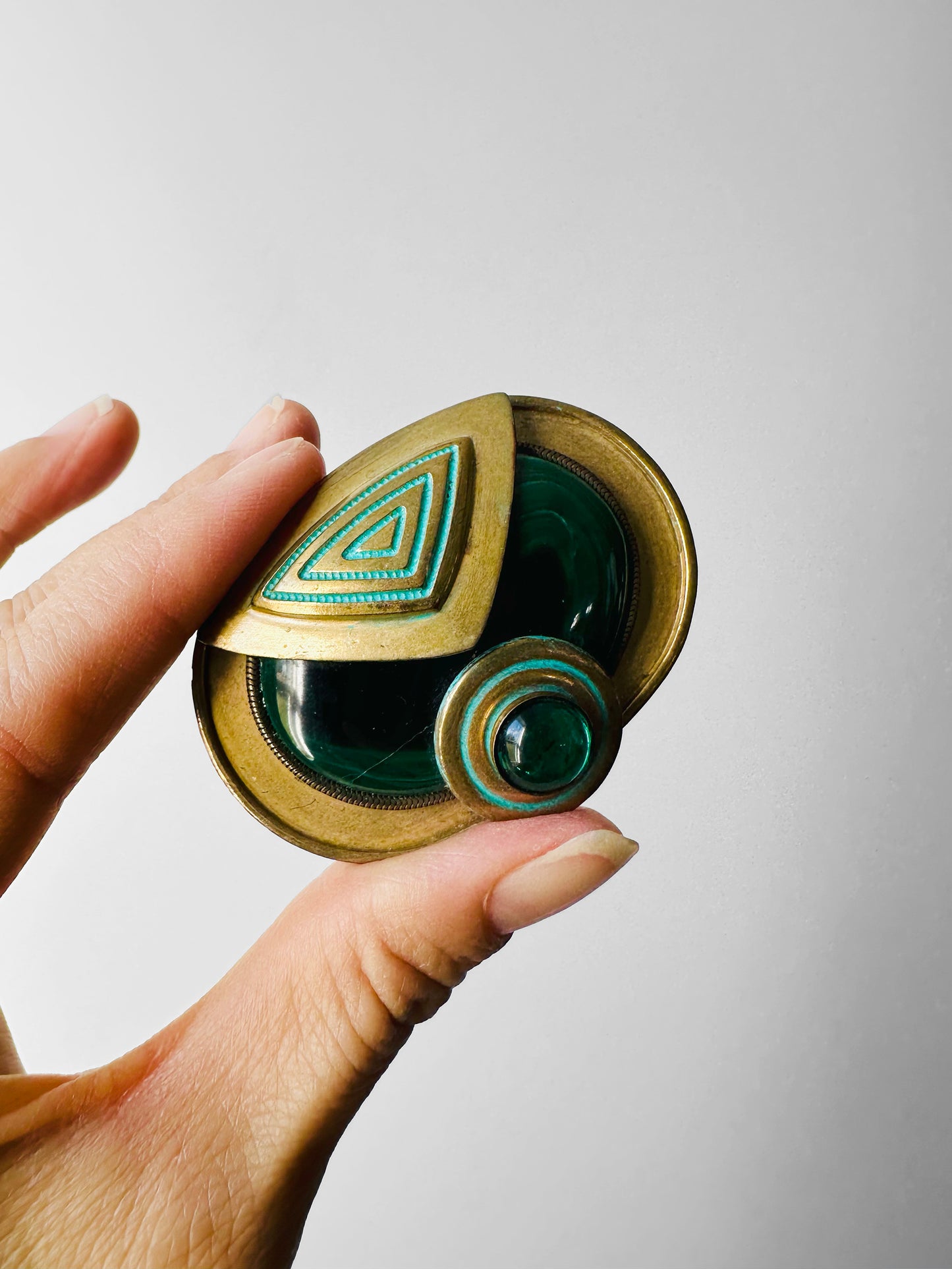 Antique Art Deco 1920s - 1930s Malachite Brooch with Geometric Design and Turquoise Enamel