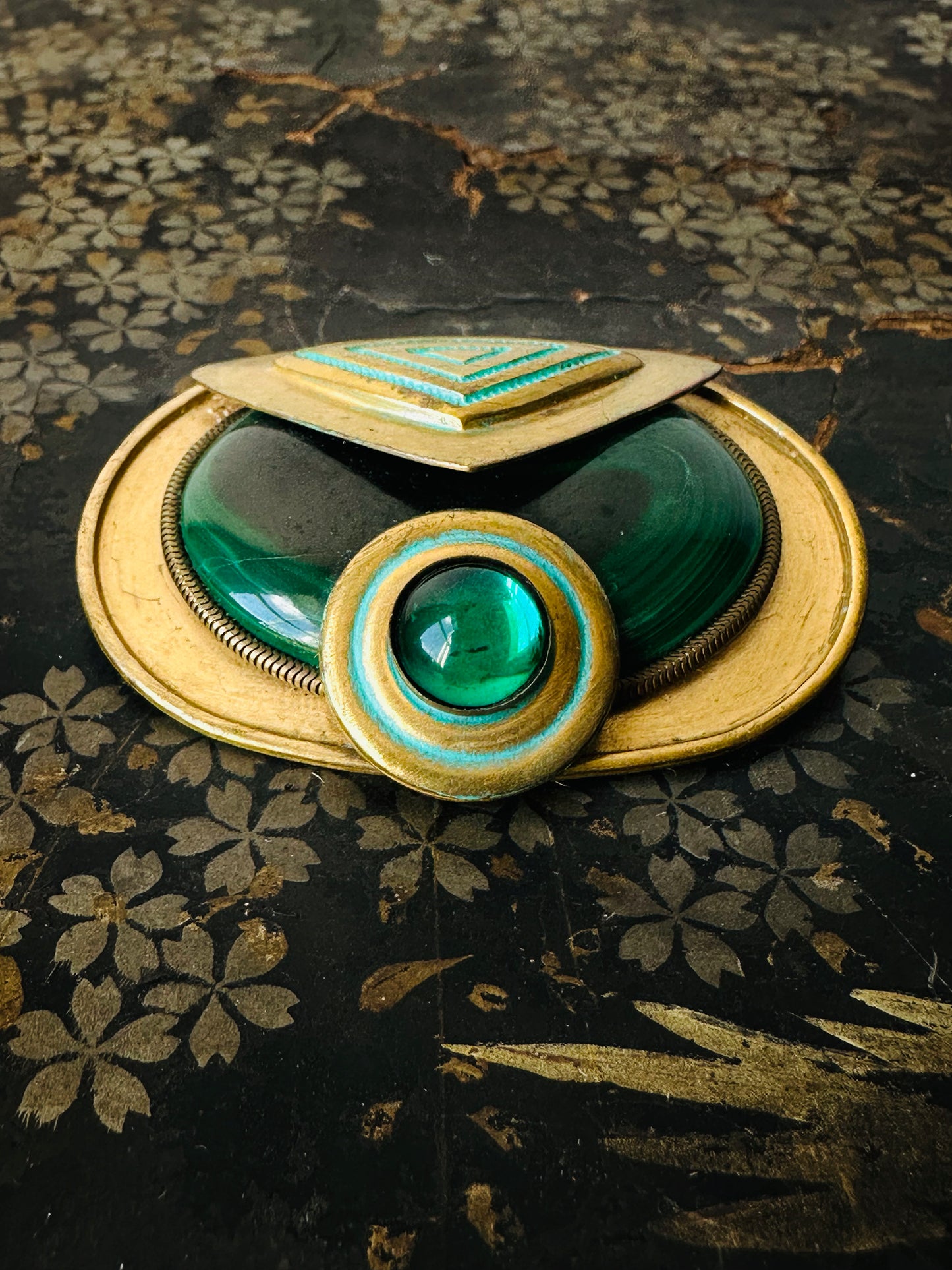 Antique Art Deco 1920s - 1930s Malachite Brooch with Geometric Design and Turquoise Enamel