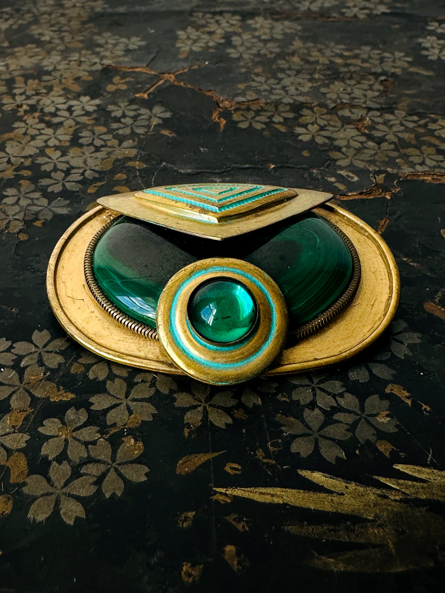 Antique Art Deco 1920s - 1930s Malachite Brooch with Geometric Design and Turquoise Enamel