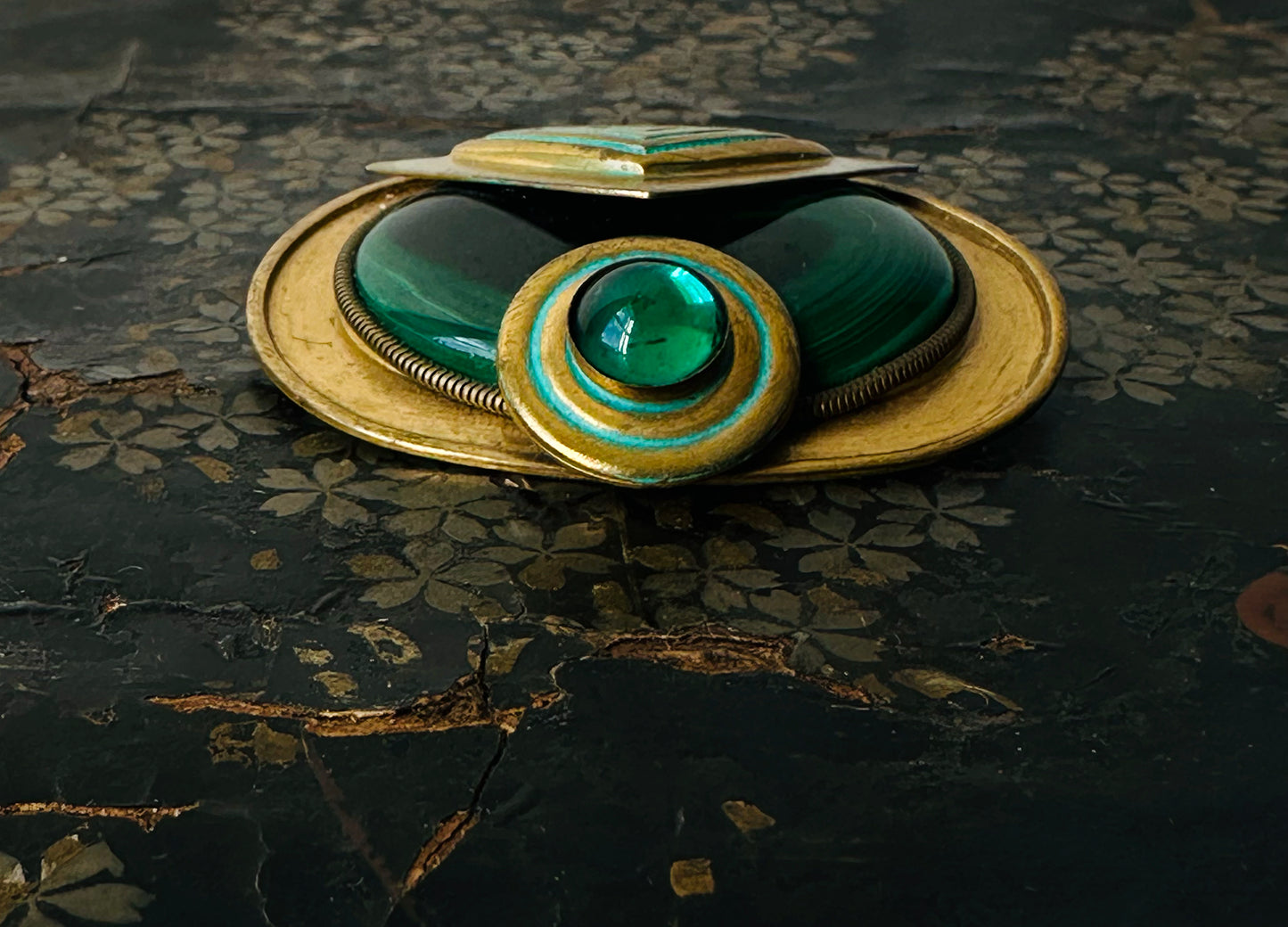 Antique Art Deco 1920s - 1930s Malachite Brooch with Geometric Design and Turquoise Enamel