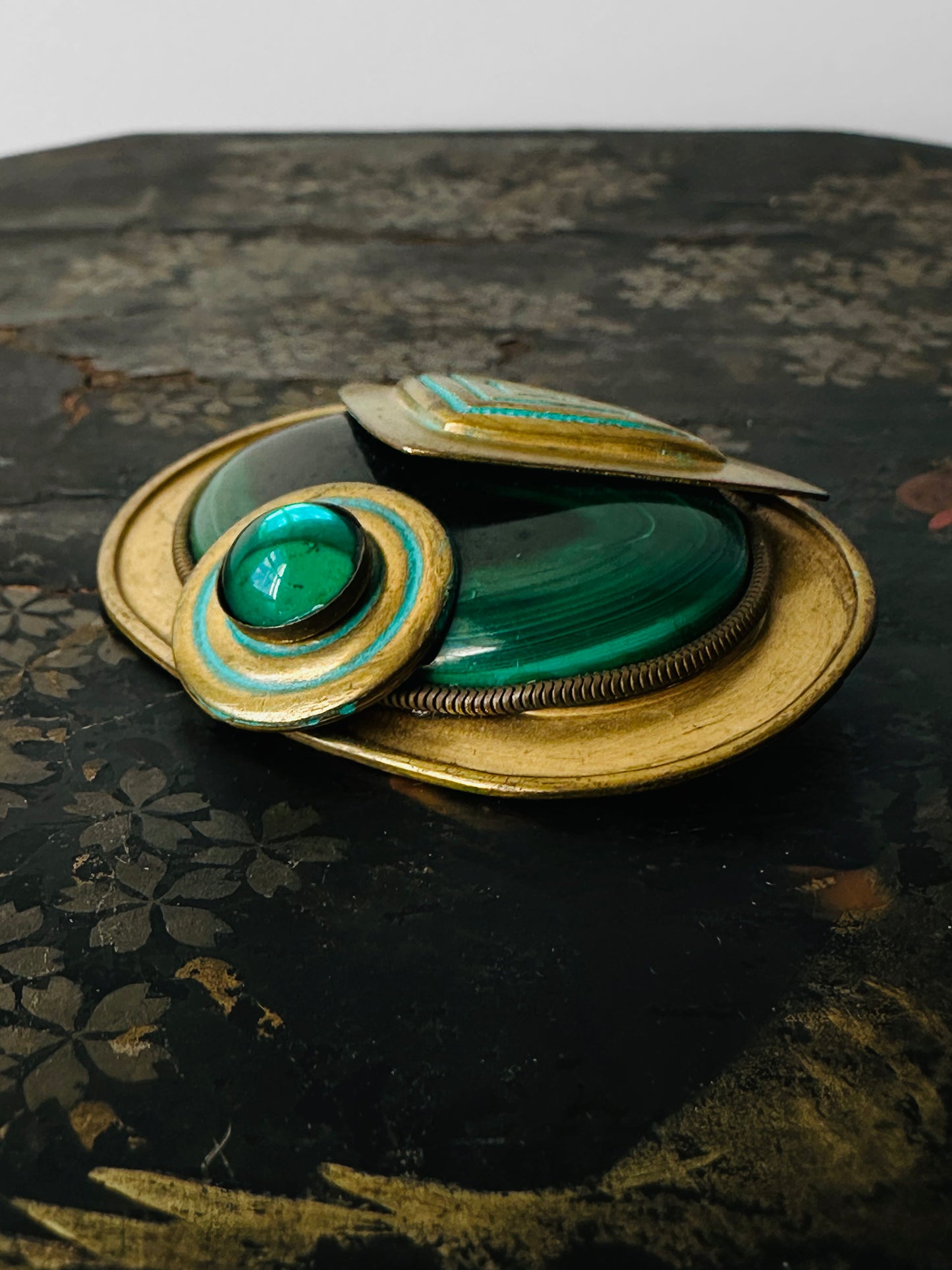 Antique Art Deco 1920s - 1930s Malachite Brooch with Geometric Design and Turquoise Enamel