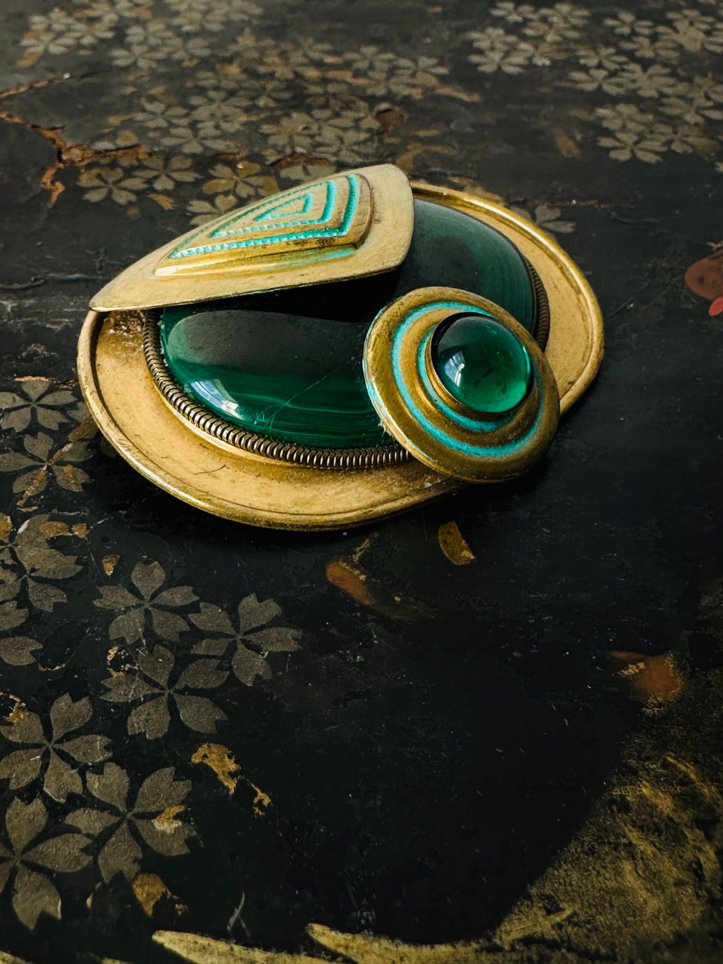 Antique Art Deco 1920s - 1930s Malachite Brooch with Geometric Design and Turquoise Enamel