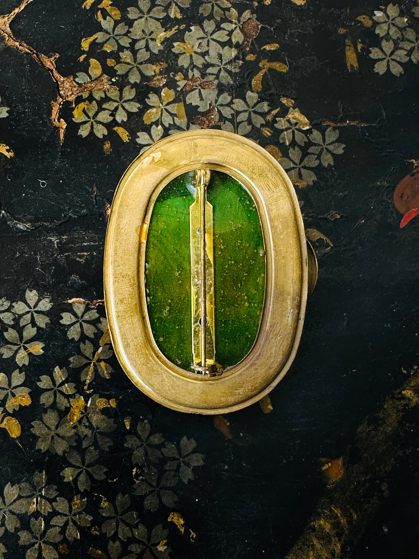 Antique Art Deco 1920s - 1930s Malachite Brooch with Geometric Design and Turquoise Enamel