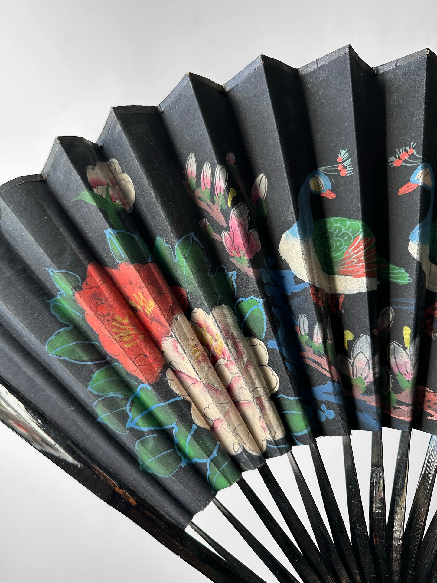 1950s Black Hand-Painted Paper Peacock Fan Decor