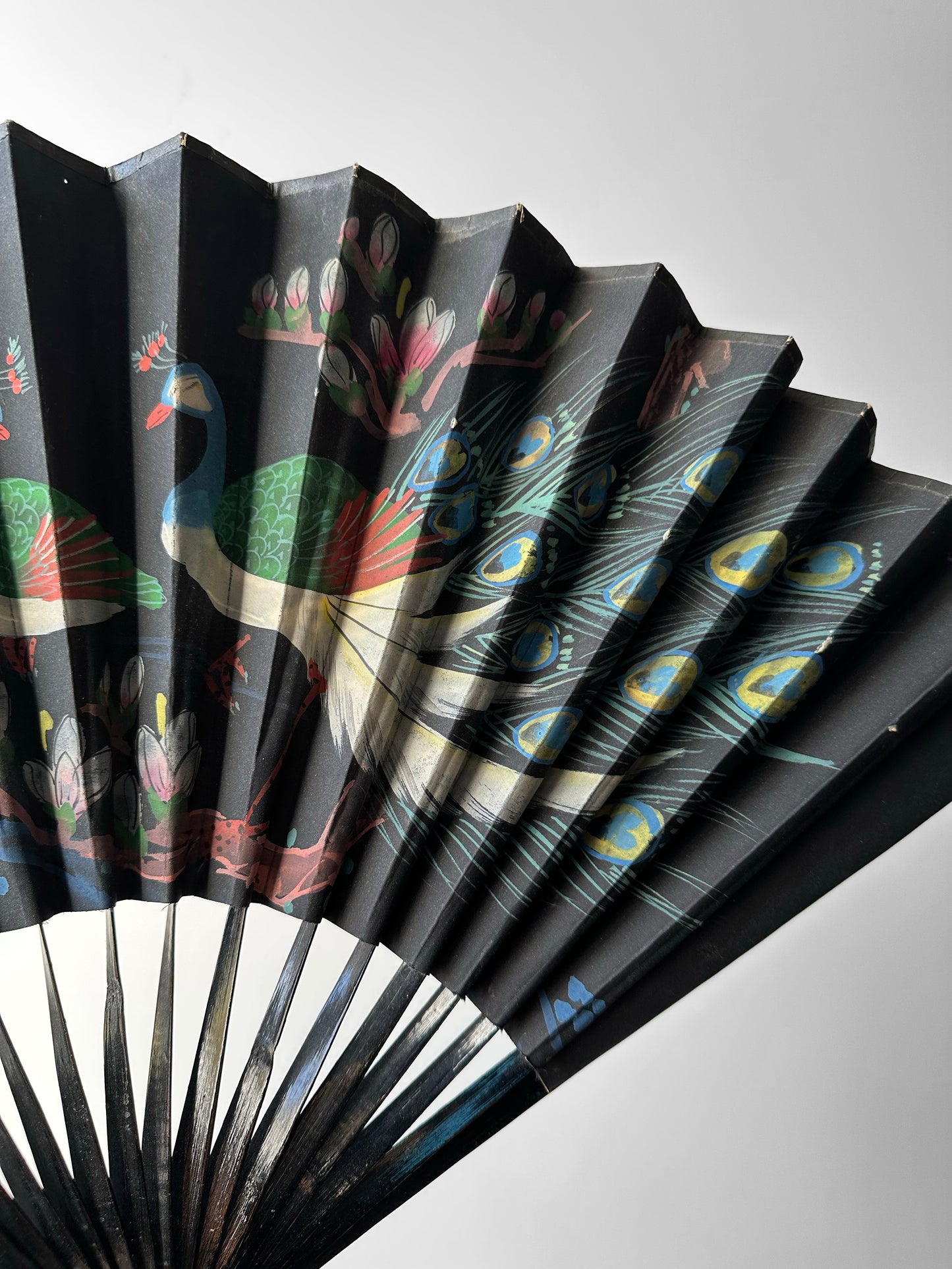 1950s Black Hand-Painted Paper Peacock Fan Decor