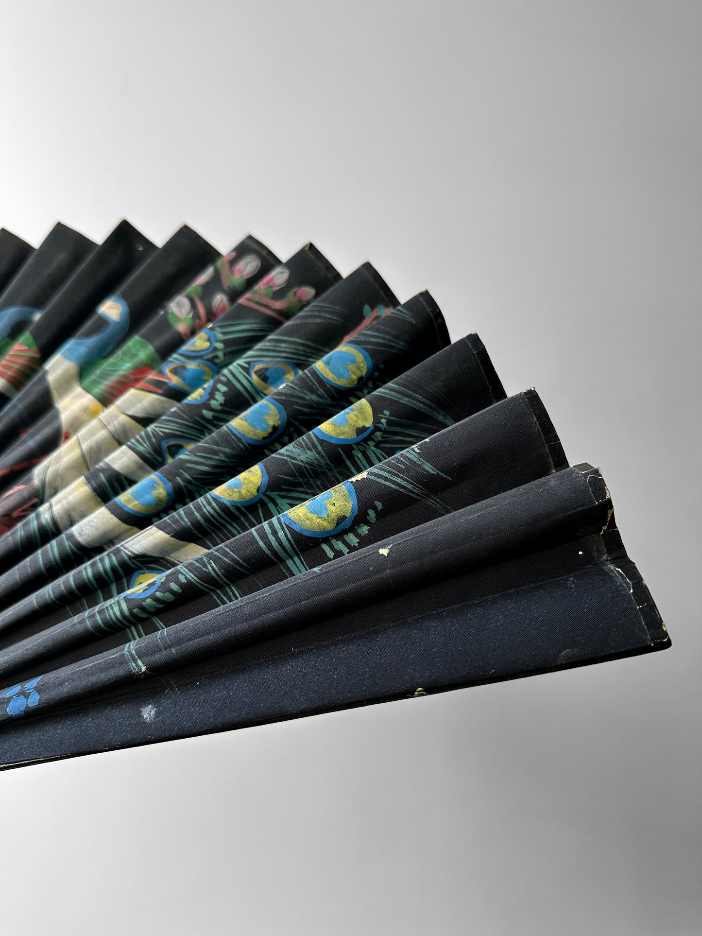 1950s Black Hand-Painted Paper Peacock Fan Decor