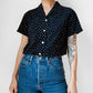 1990s Black Patterned Short Sleeve Tapered Blouse - Sz. Sm