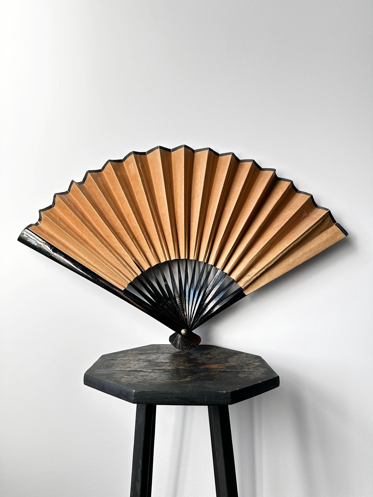 1950s Black Hand-Painted Paper Peacock Fan Decor