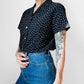 1990s Black Patterned Short Sleeve Tapered Blouse - Sz. Sm