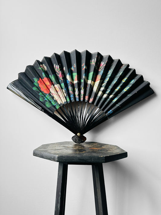1950s Black Hand-Painted Paper Peacock Fan Decor