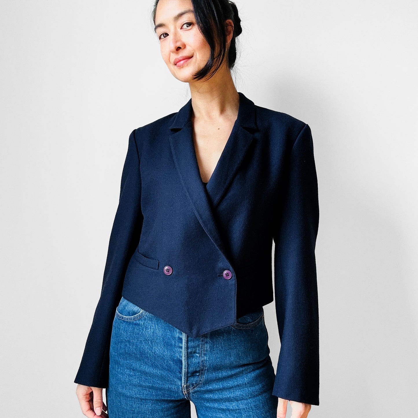 1980s - 1990s Navy Blue Short Waisted Double Breasted Jacket - Sz. Small