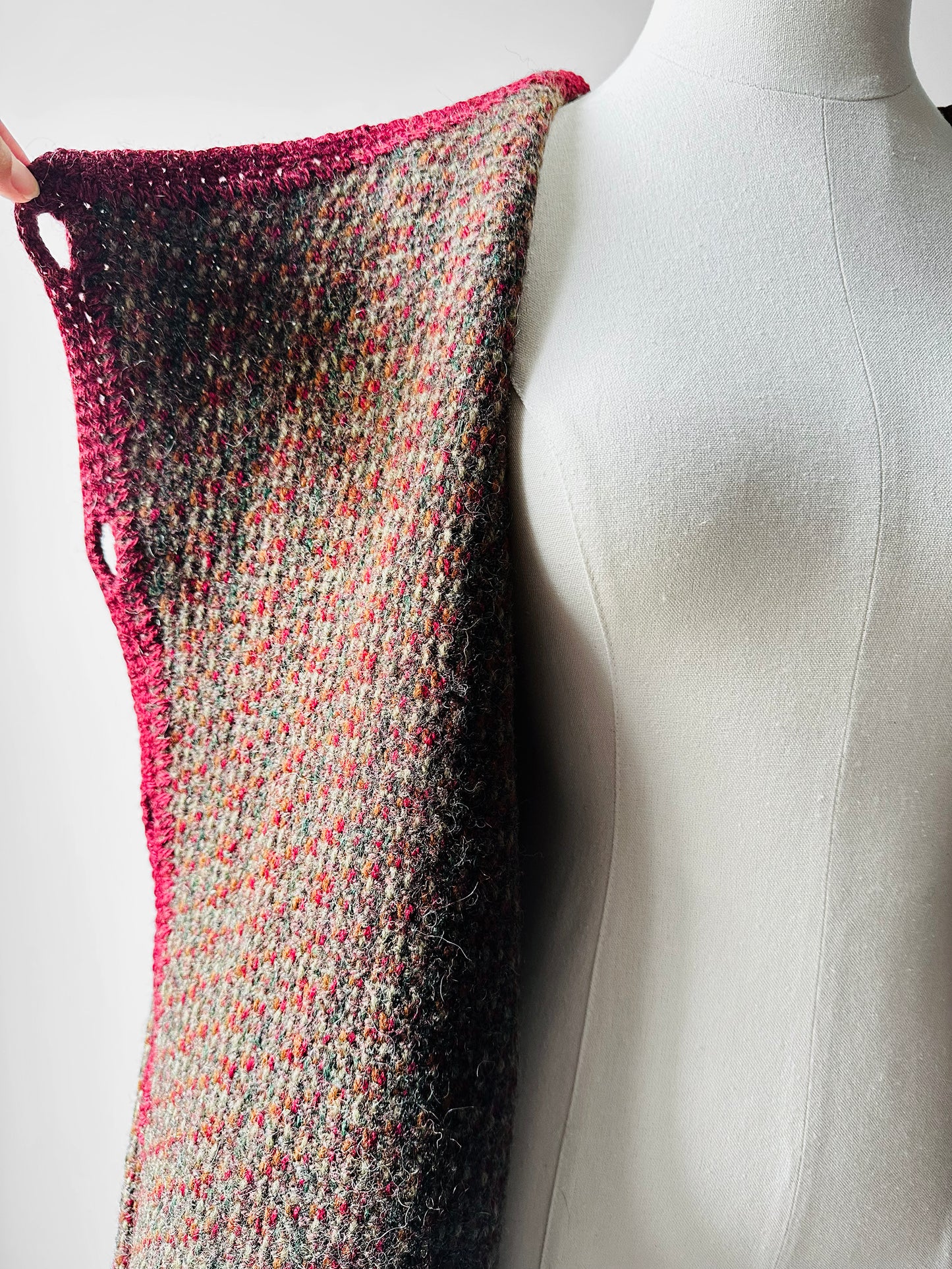 1970s - 1980s Hand-Knit Hand-Mended Wood Button Asymmetrical Cardigan with Maroon Trim - Sz. O/S