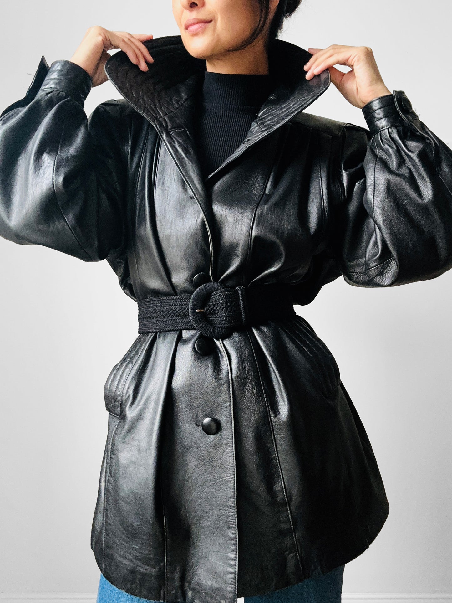 1980s Black Buttery Soft Exaggerated Collared Italian Leather Jacket - Sz. S/M