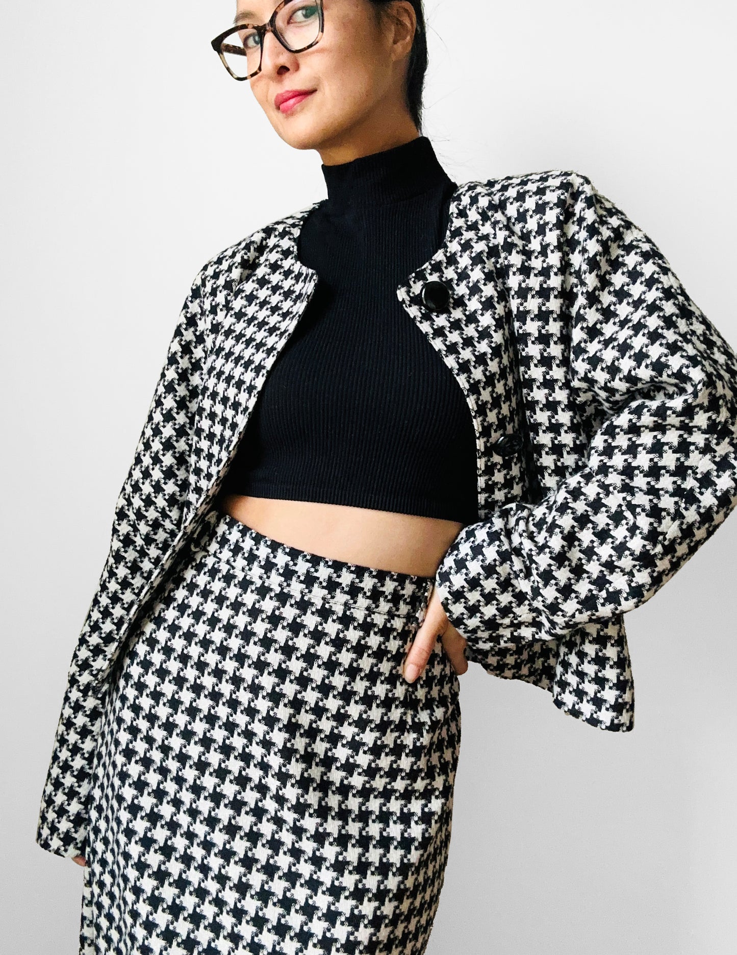 Late 70s - Early 80s Mister Leonard Canada Black and White Houndstooth Skirt and Blazer Set - Sz. L/XL