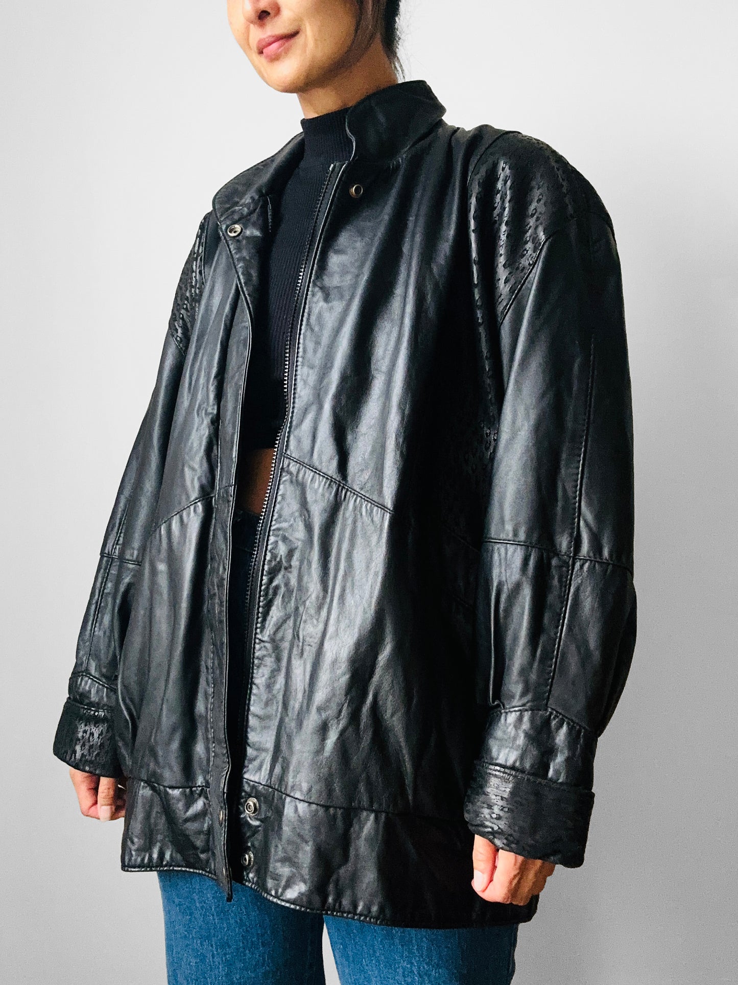 1980s Black Buttery Soft Animal Print Leather Jacket - Sz. M