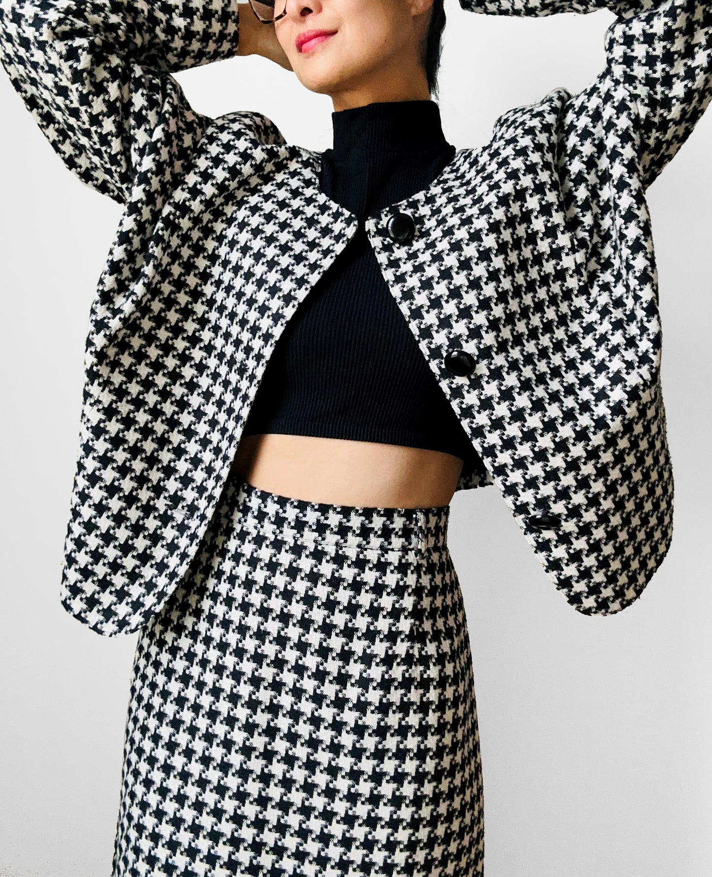 Late 70s - Early 80s Mister Leonard Canada Black and White Houndstooth Skirt and Blazer Set - Sz. L/XL