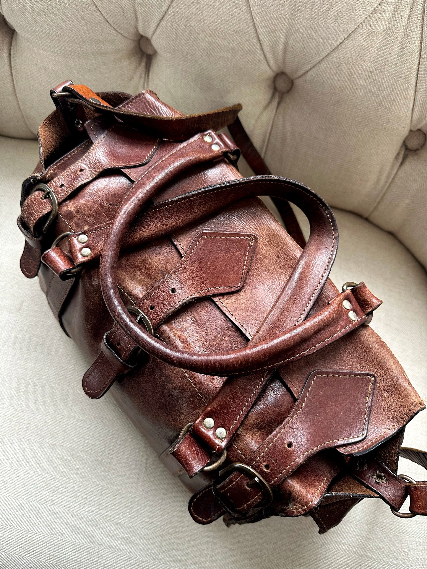 Late 20th Century Brown Well-Worn Buttery Soft Leather Top Handle Shoulder Bag