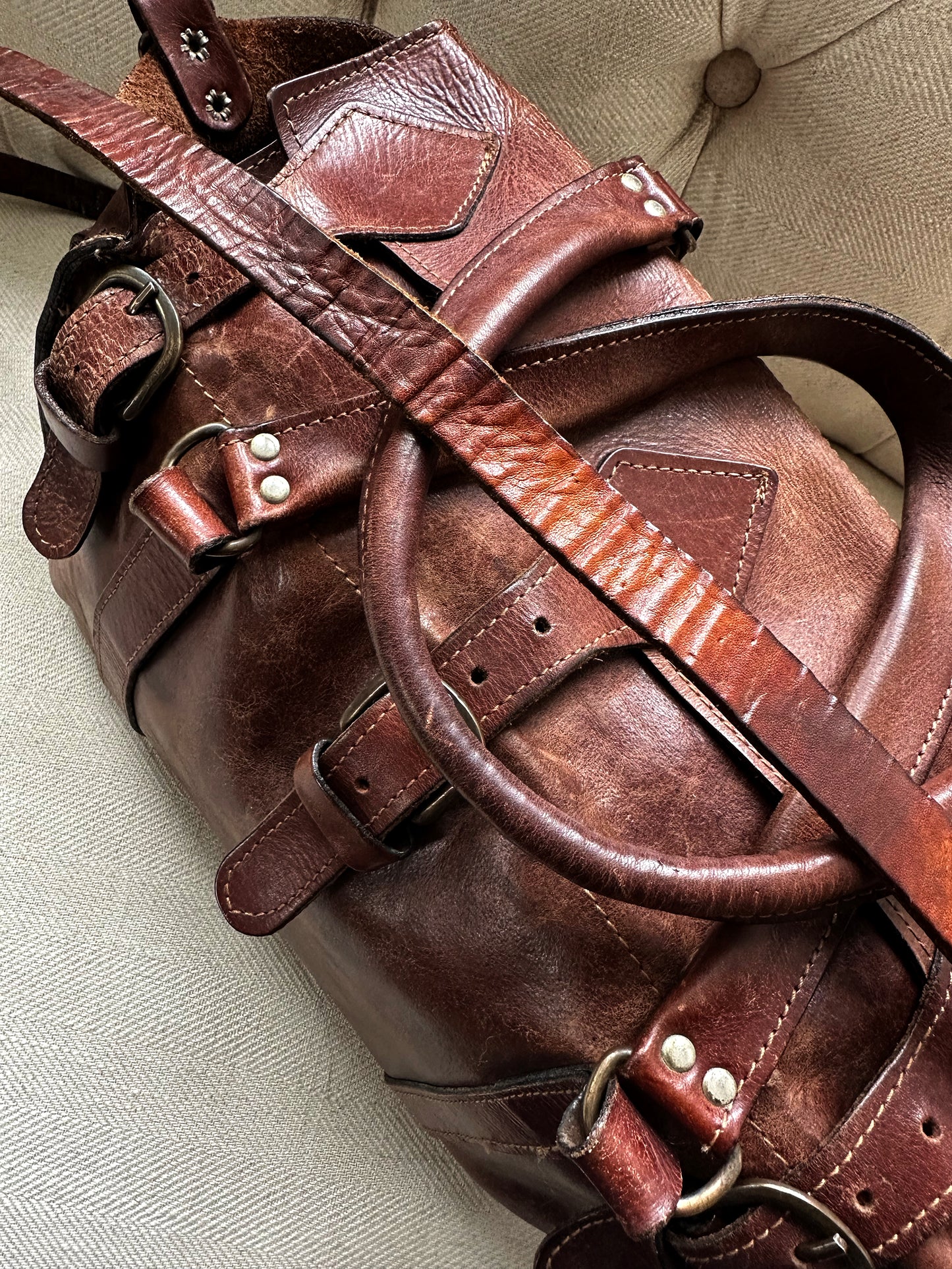 Late 20th Century Brown Well-Worn Buttery Soft Leather Top Handle Shoulder Bag