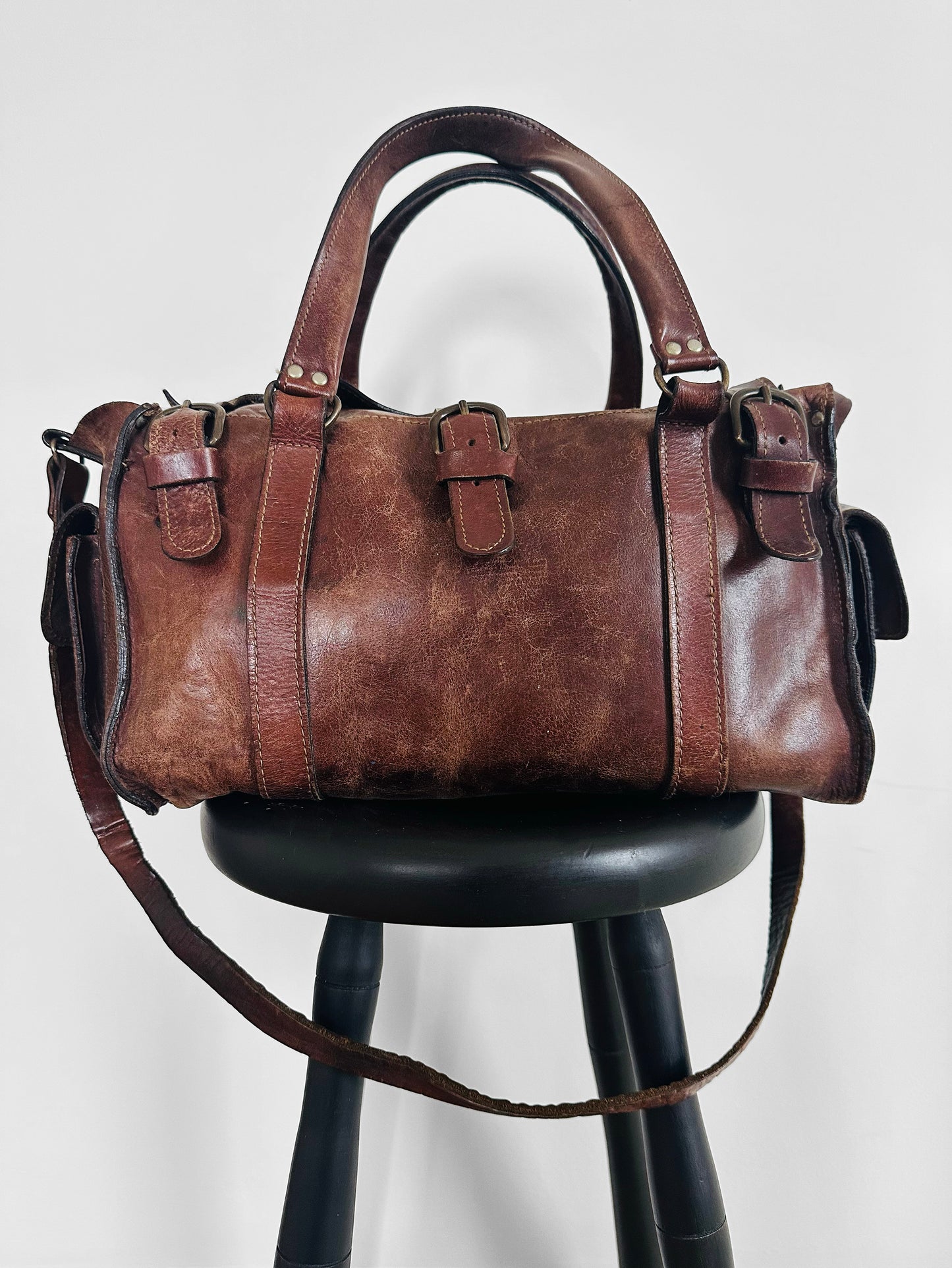 Late 20th Century Brown Well-Worn Buttery Soft Leather Top Handle Shoulder Bag
