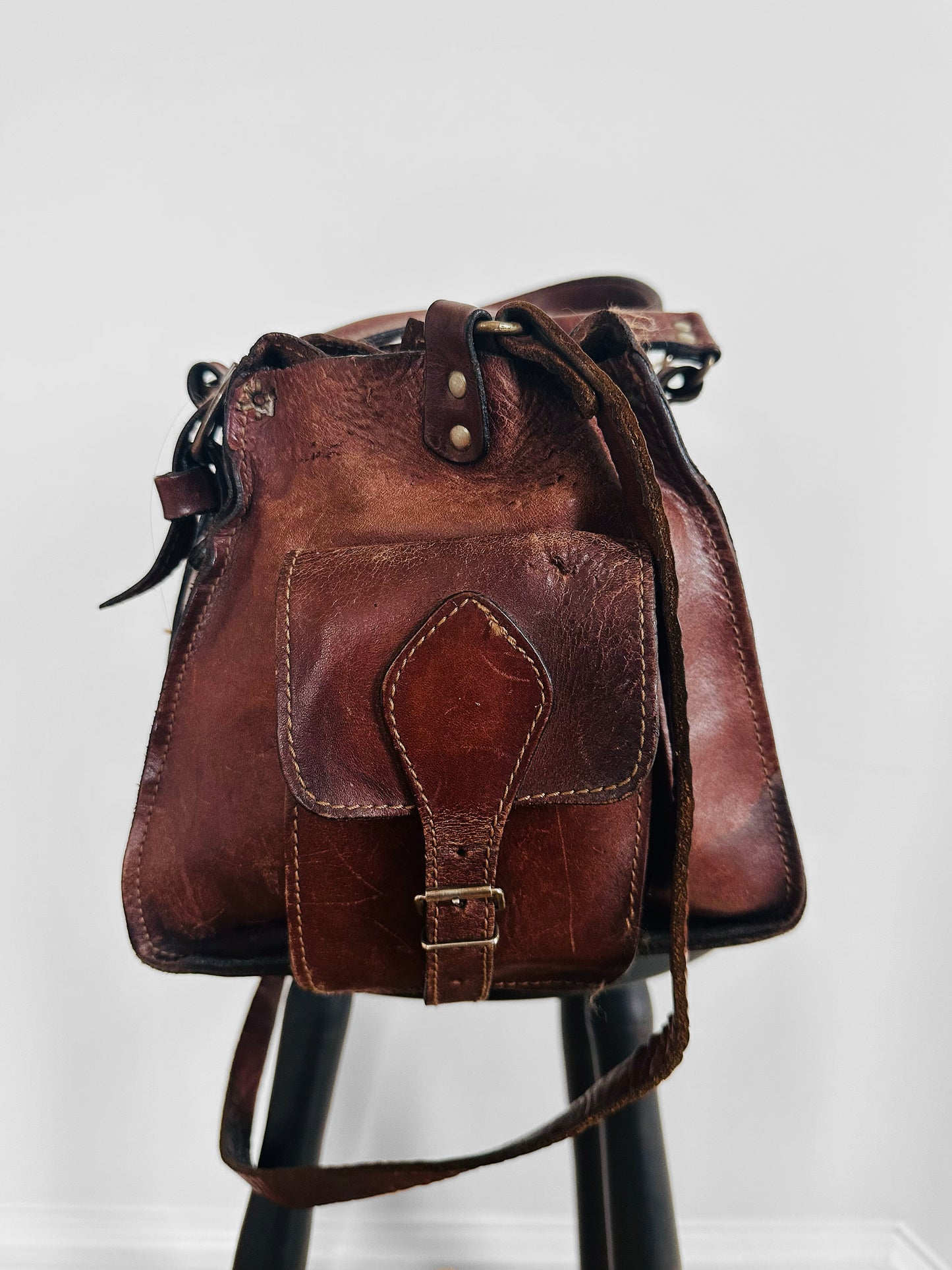 Late 20th Century Brown Well-Worn Buttery Soft Leather Top Handle Shoulder Bag
