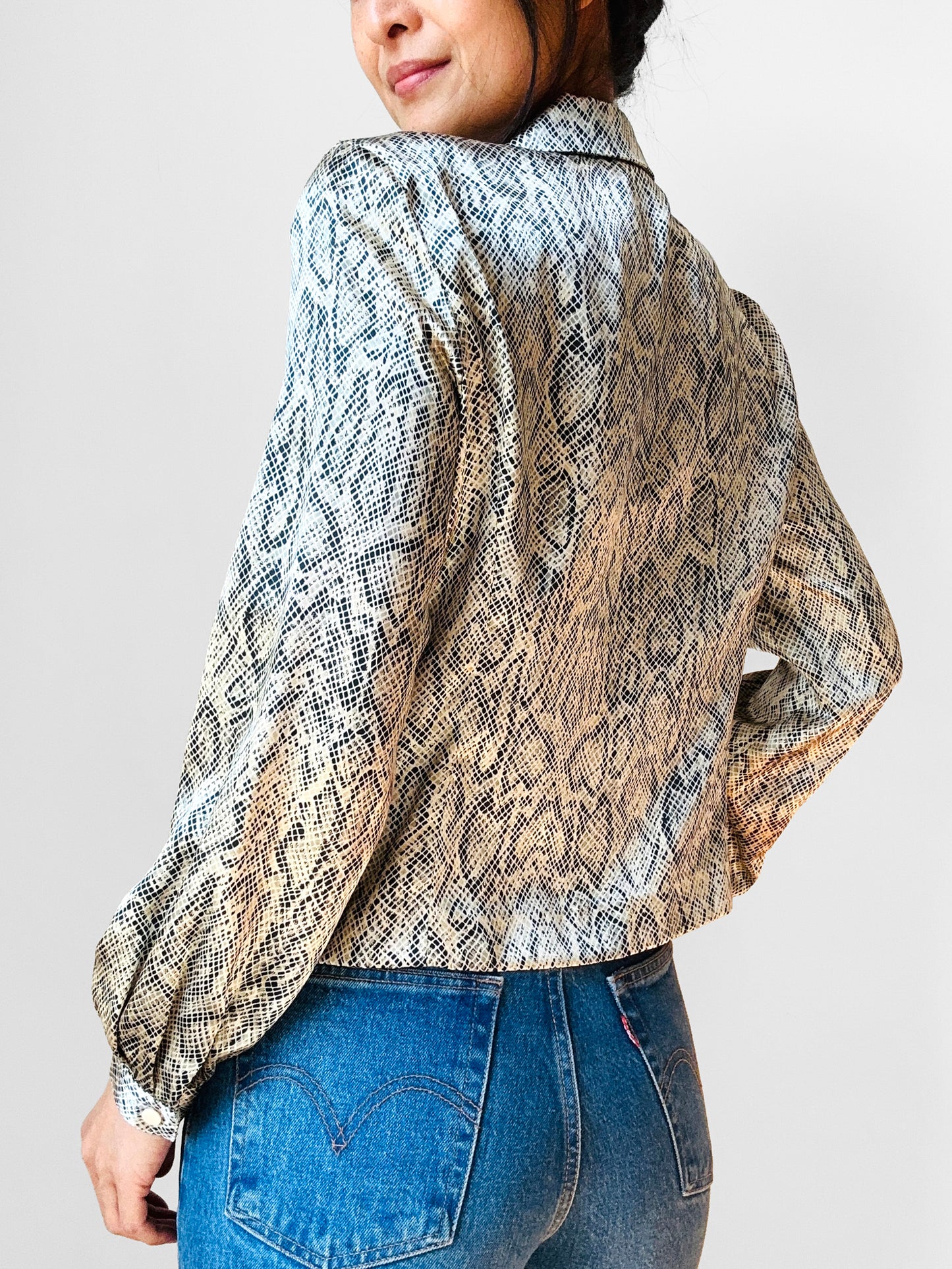 1990s Tapered Short Waisted Snakeskin Patterned Blouse  - Sz. Sm