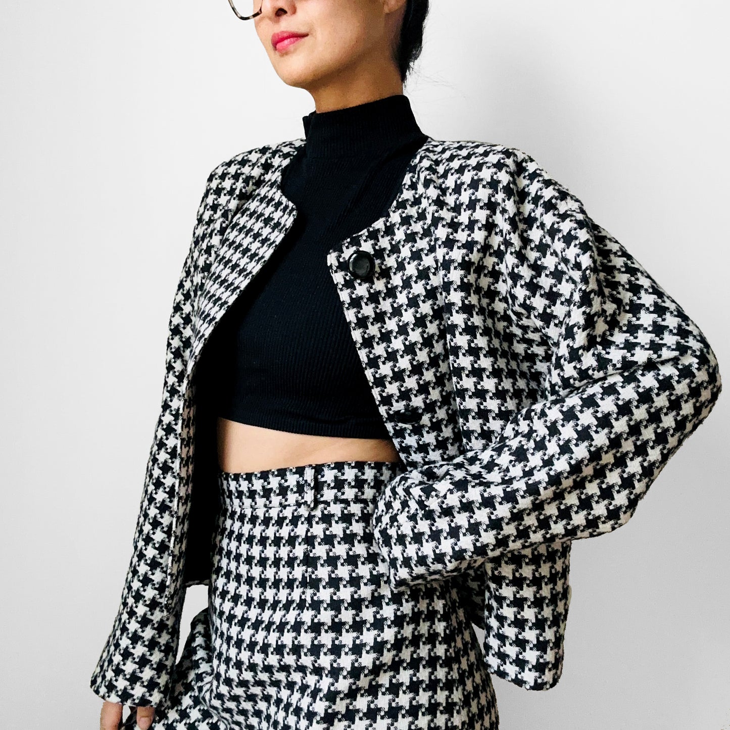 Late 70s - Early 80s Mister Leonard Canada Black and White Houndstooth Skirt and Blazer Set - Sz. L/XL