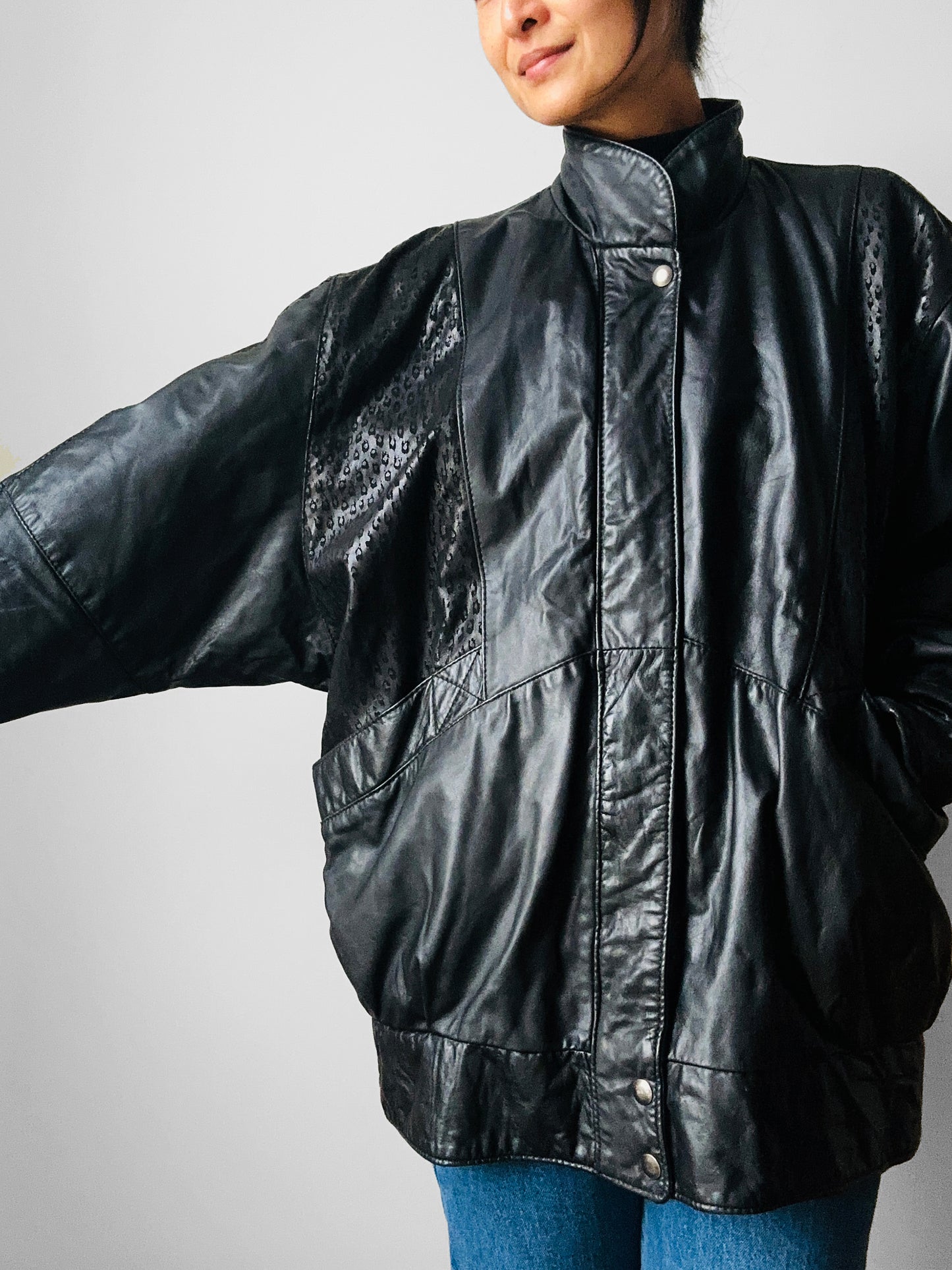 1980s Black Buttery Soft Animal Print Leather Jacket - Sz. M