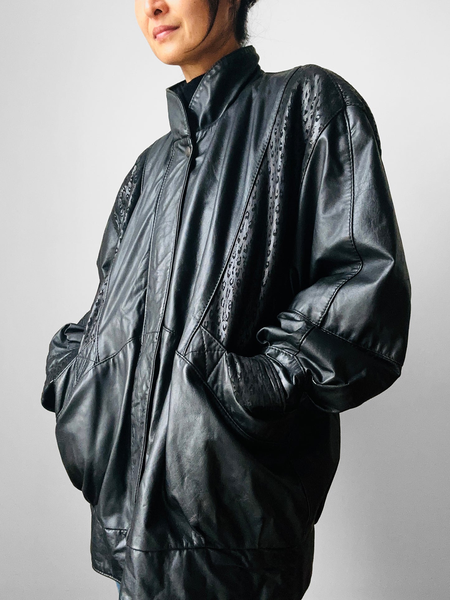 1980s Black Buttery Soft Animal Print Leather Jacket - Sz. M