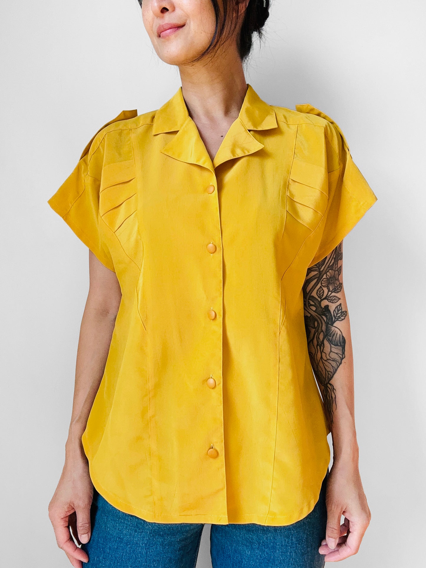 1980s Mustard Yellow Button Front Short Sleeve Blouse - Sz. S/M