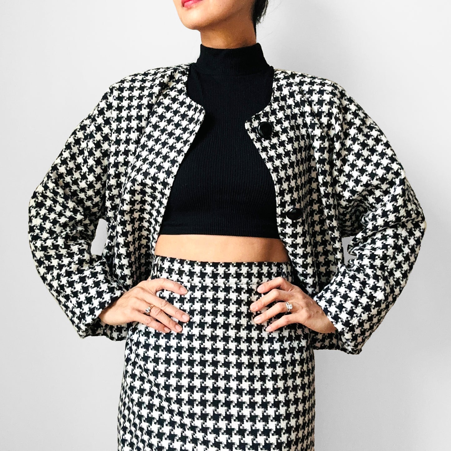 Late 70s - Early 80s Mister Leonard Canada Black and White Houndstooth Skirt and Blazer Set - Sz. L/XL