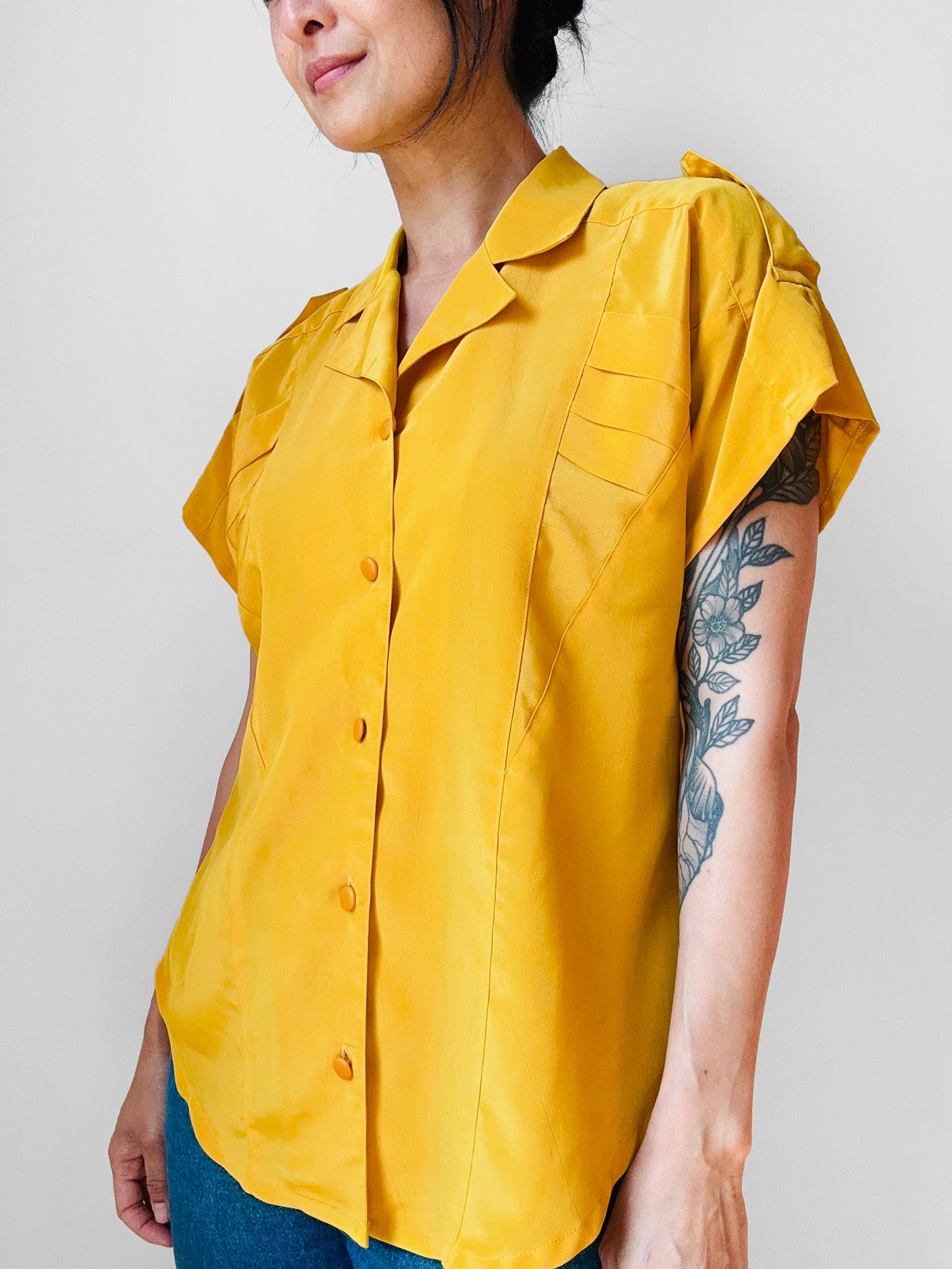 1980s Mustard Yellow Button Front Short Sleeve Blouse - Sz. S/M