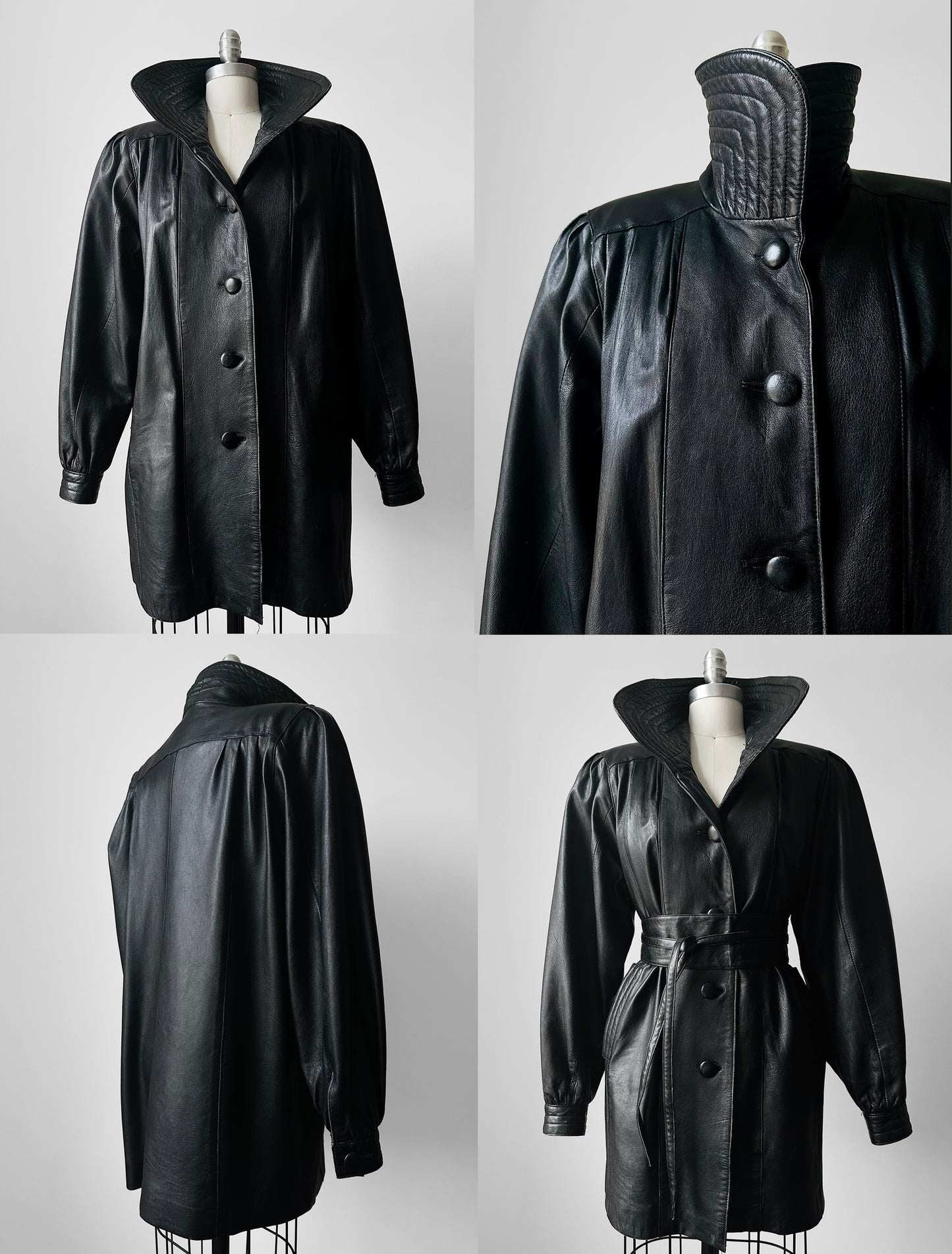 1980s Black Buttery Soft Exaggerated Collared Italian Leather Jacket - Sz. S/M