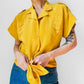 1980s Mustard Yellow Button Front Short Sleeve Blouse - Sz. S/M