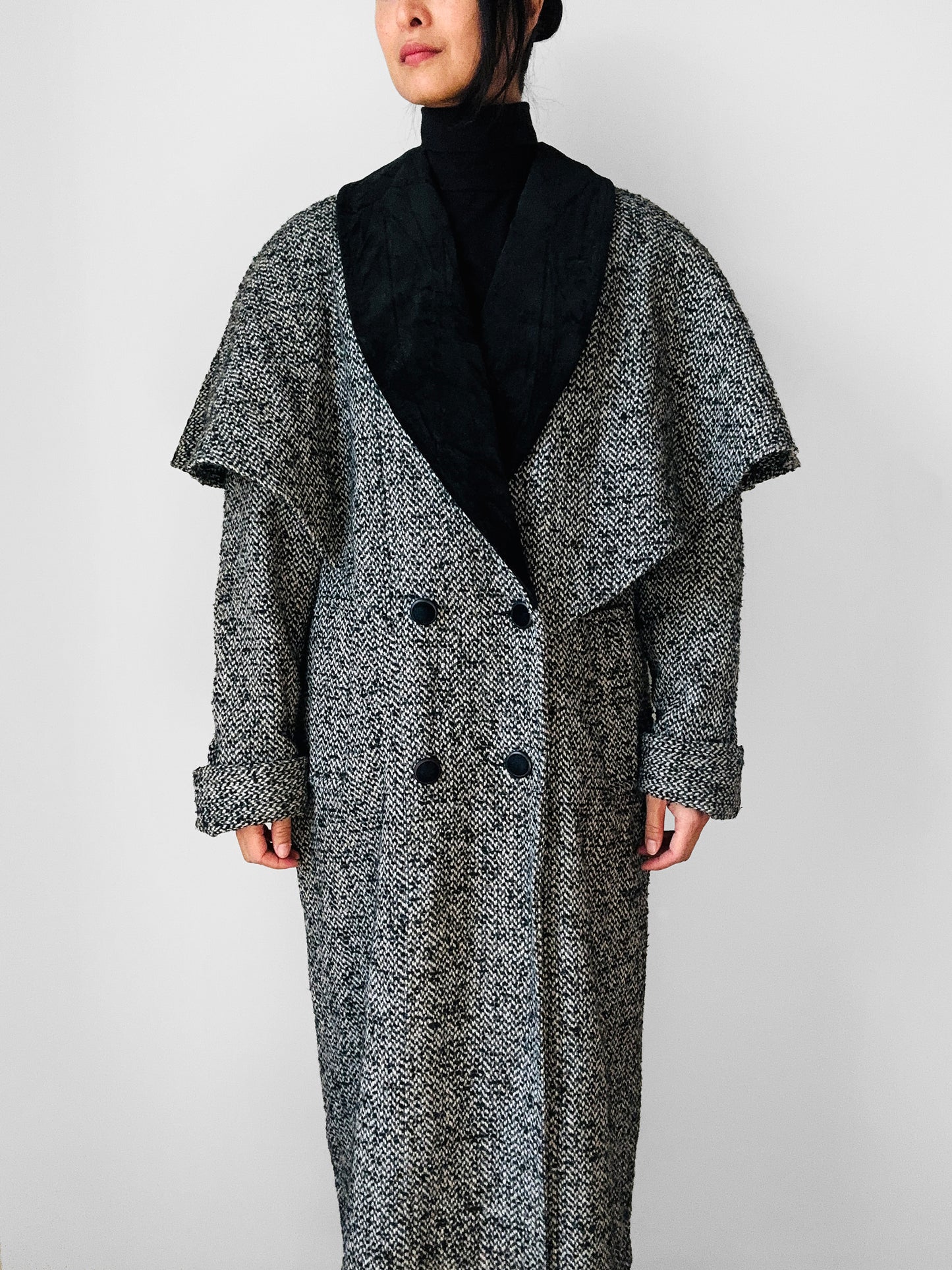 1980s Black and White Caped Wool Tweed Coat