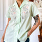 1960s - 1970s Mint Green Embroidered Short Sleeve Collared Shirt - Sz. Sm