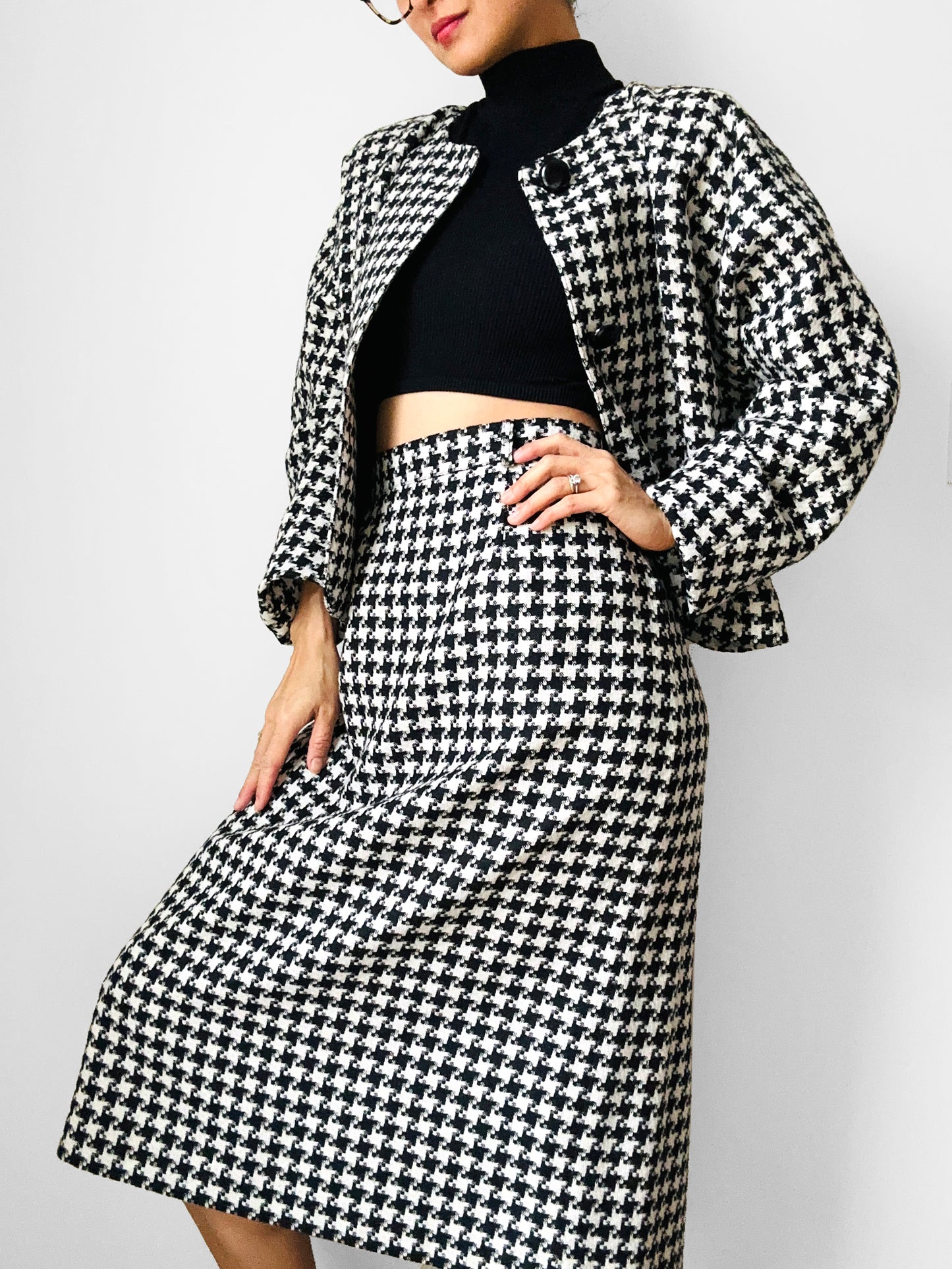 Late 70s - Early 80s Mister Leonard Canada Black and White Houndstooth Skirt and Blazer Set - Sz. L/XL