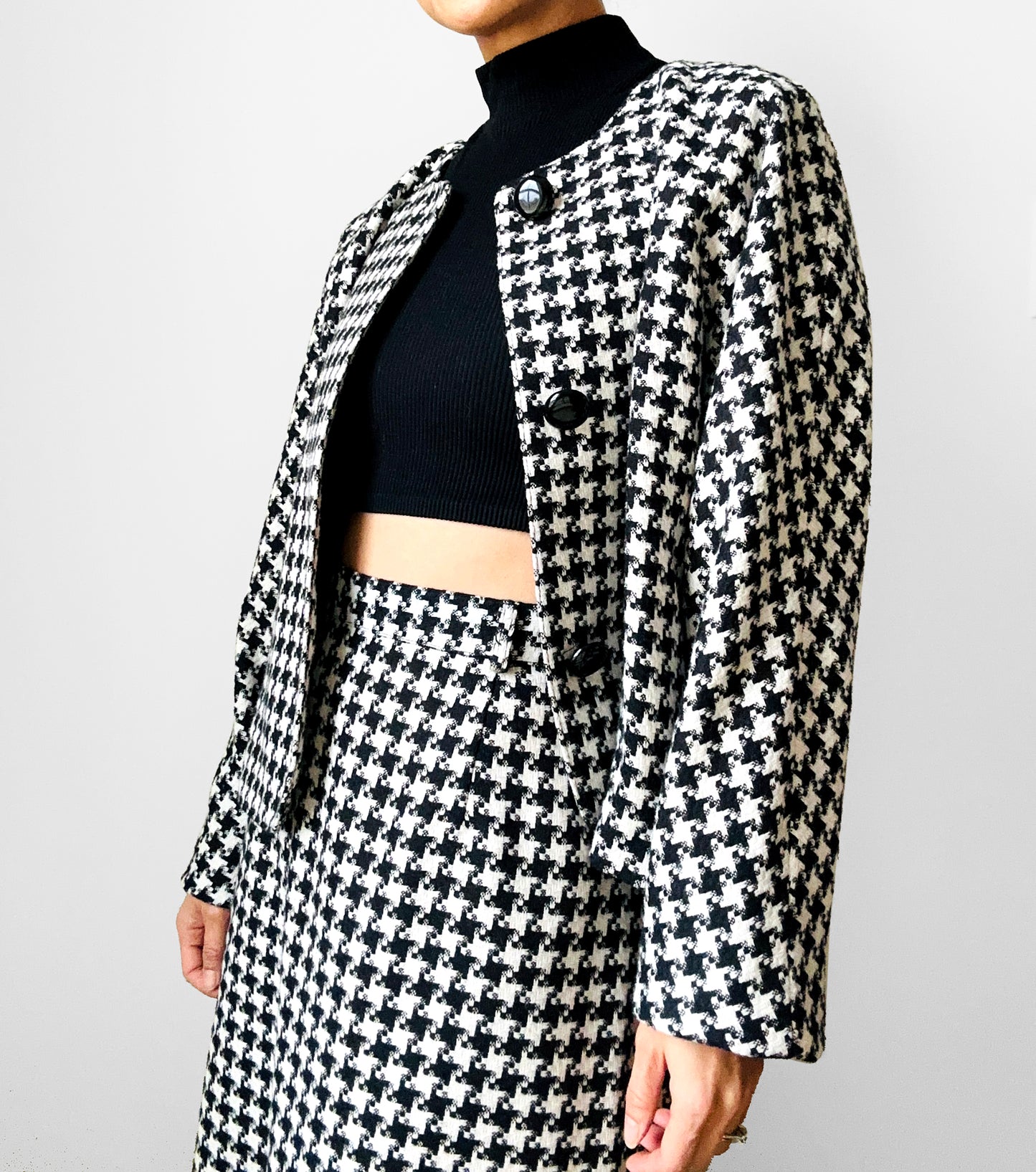 Late 70s - Early 80s Mister Leonard Canada Black and White Houndstooth Skirt and Blazer Set - Sz. L/XL