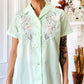1960s - 1970s Mint Green Embroidered Short Sleeve Collared Shirt - Sz. Sm