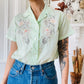 1960s - 1970s Mint Green Embroidered Short Sleeve Collared Shirt - Sz. Sm