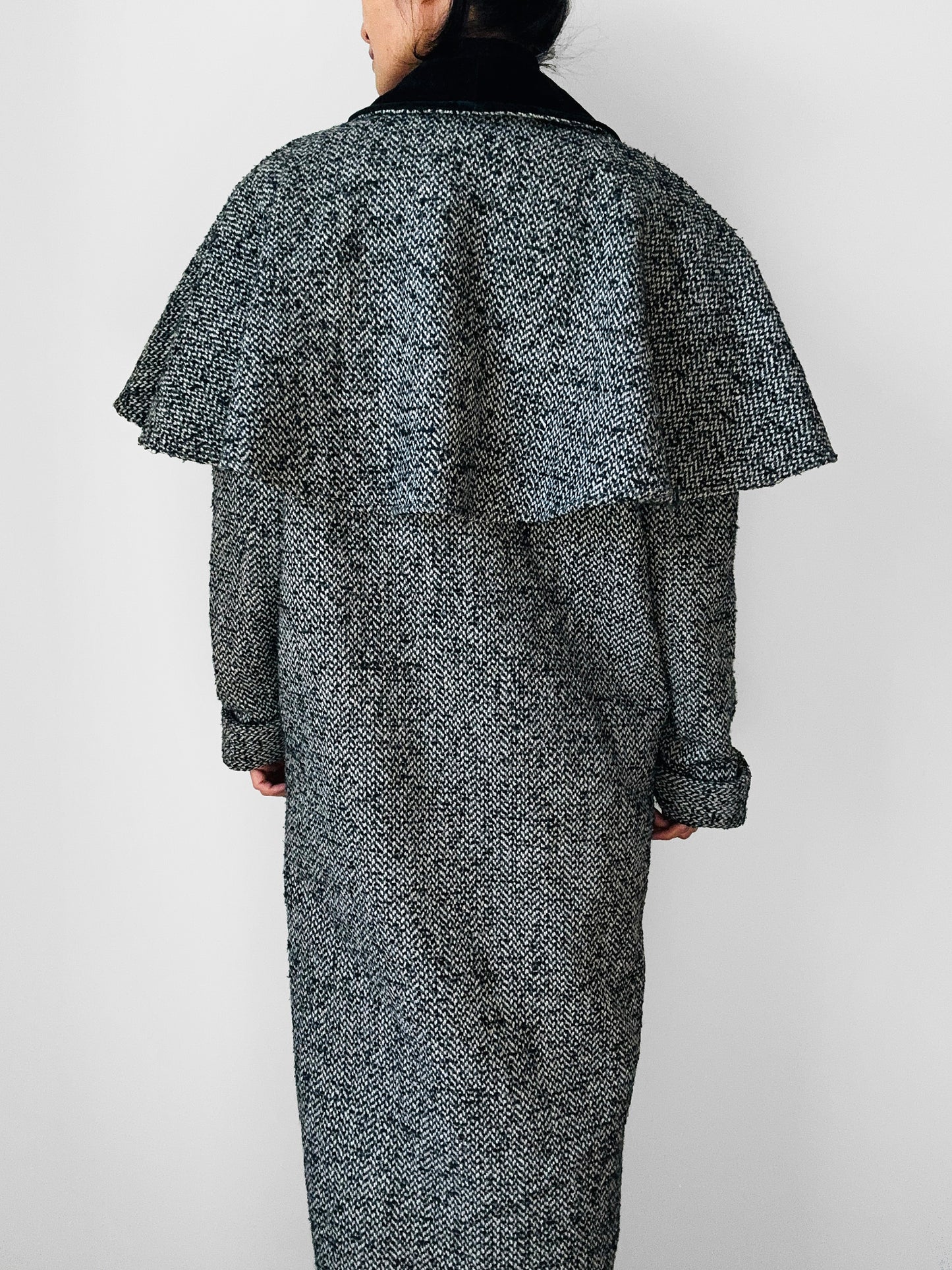 1980s Black and White Caped Wool Tweed Coat