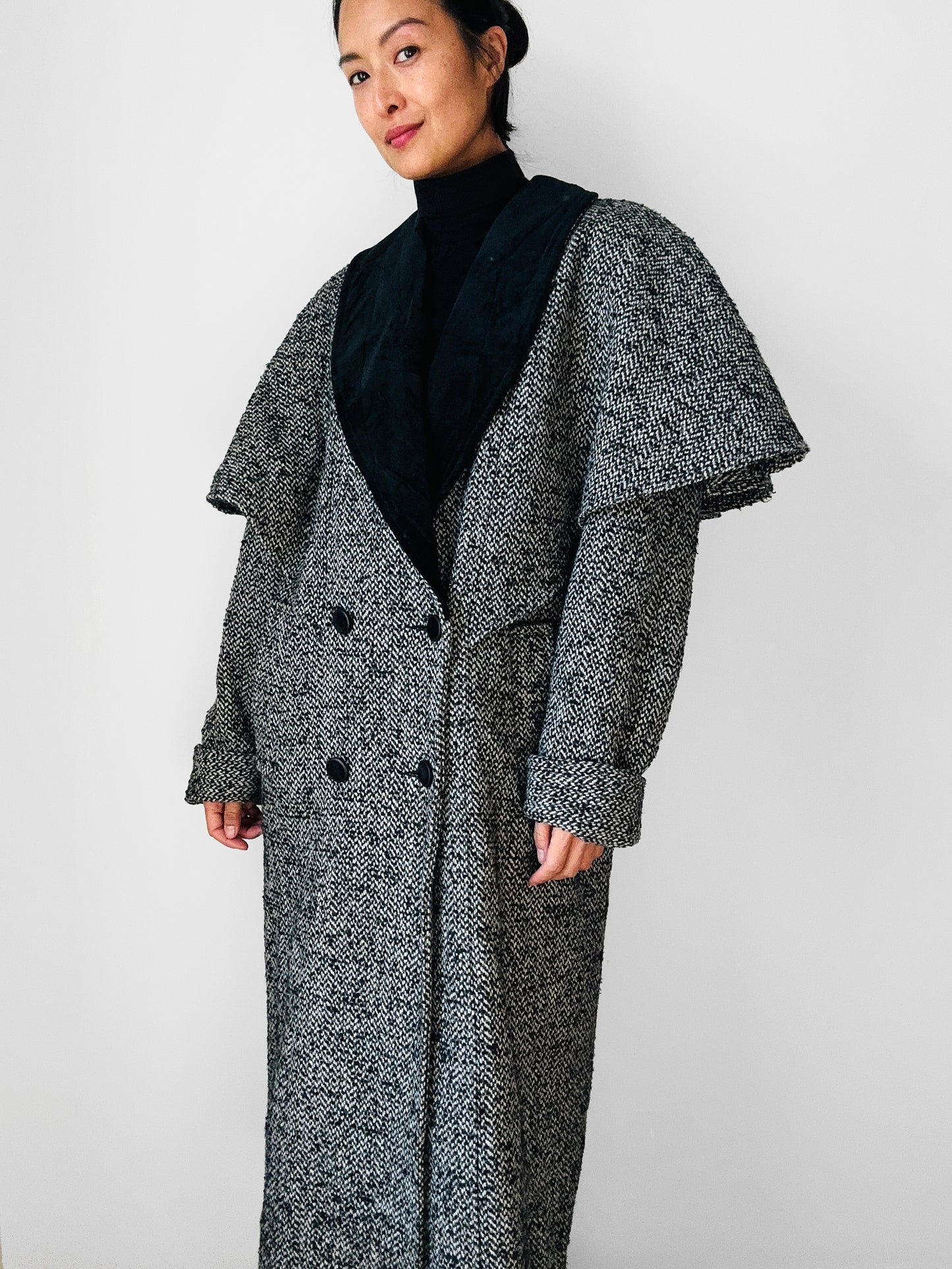 1980s Black and White Caped Wool Tweed Coat