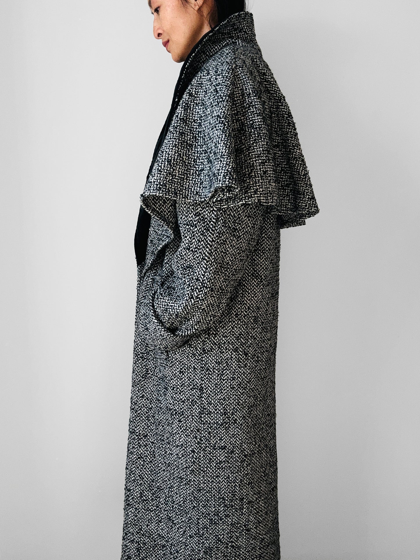 1980s Black and White Caped Wool Tweed Coat