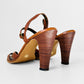 1970s Dark Tobacco Brown Leather Wood-Heeled Sandals - Sz.7B