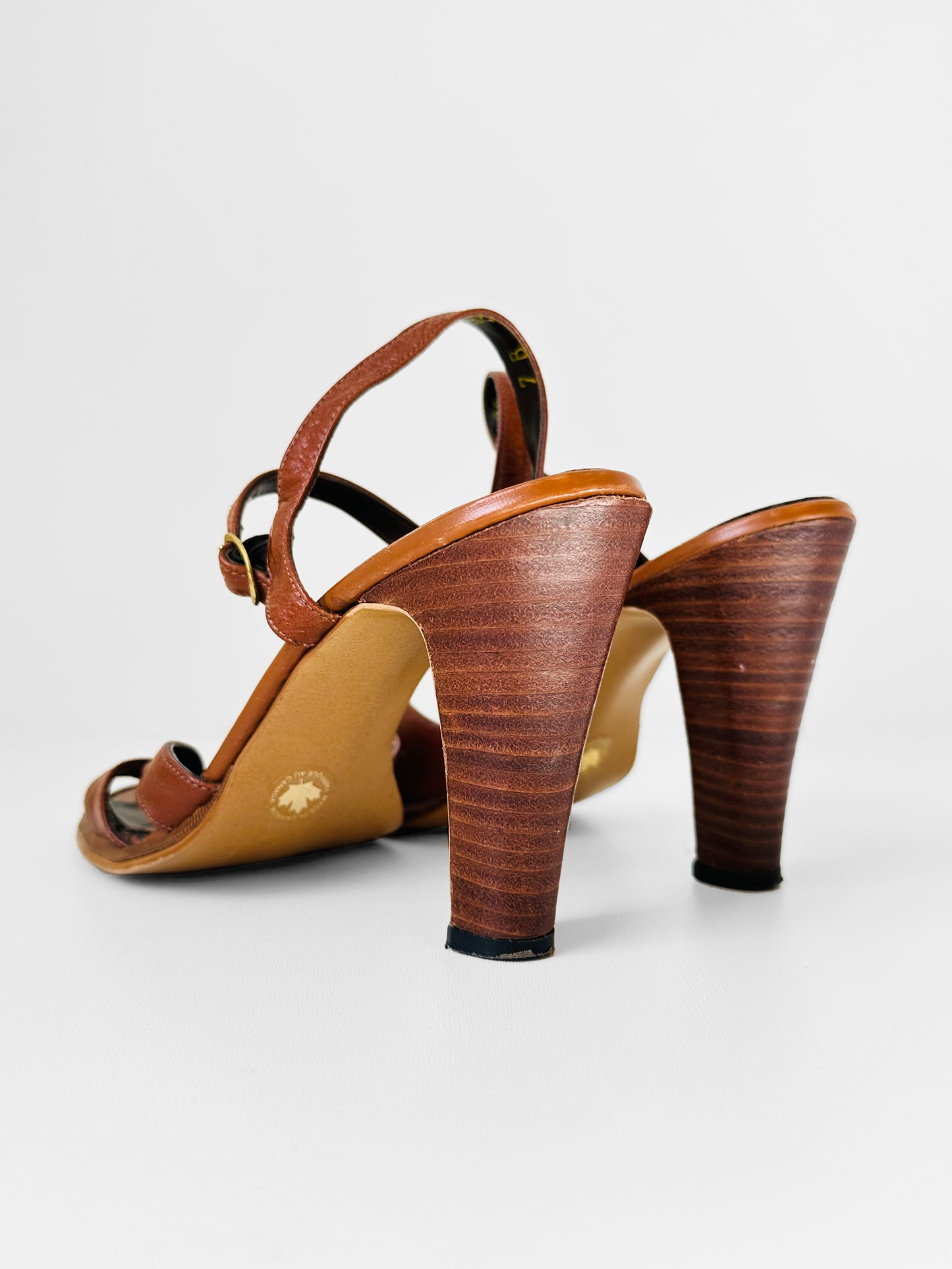 1970s Dark Tobacco Brown Leather Wood-Heeled Sandals - Sz.7B